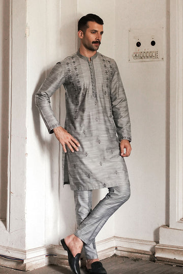 GREY COTTON SLUB KURTA TROUSER
